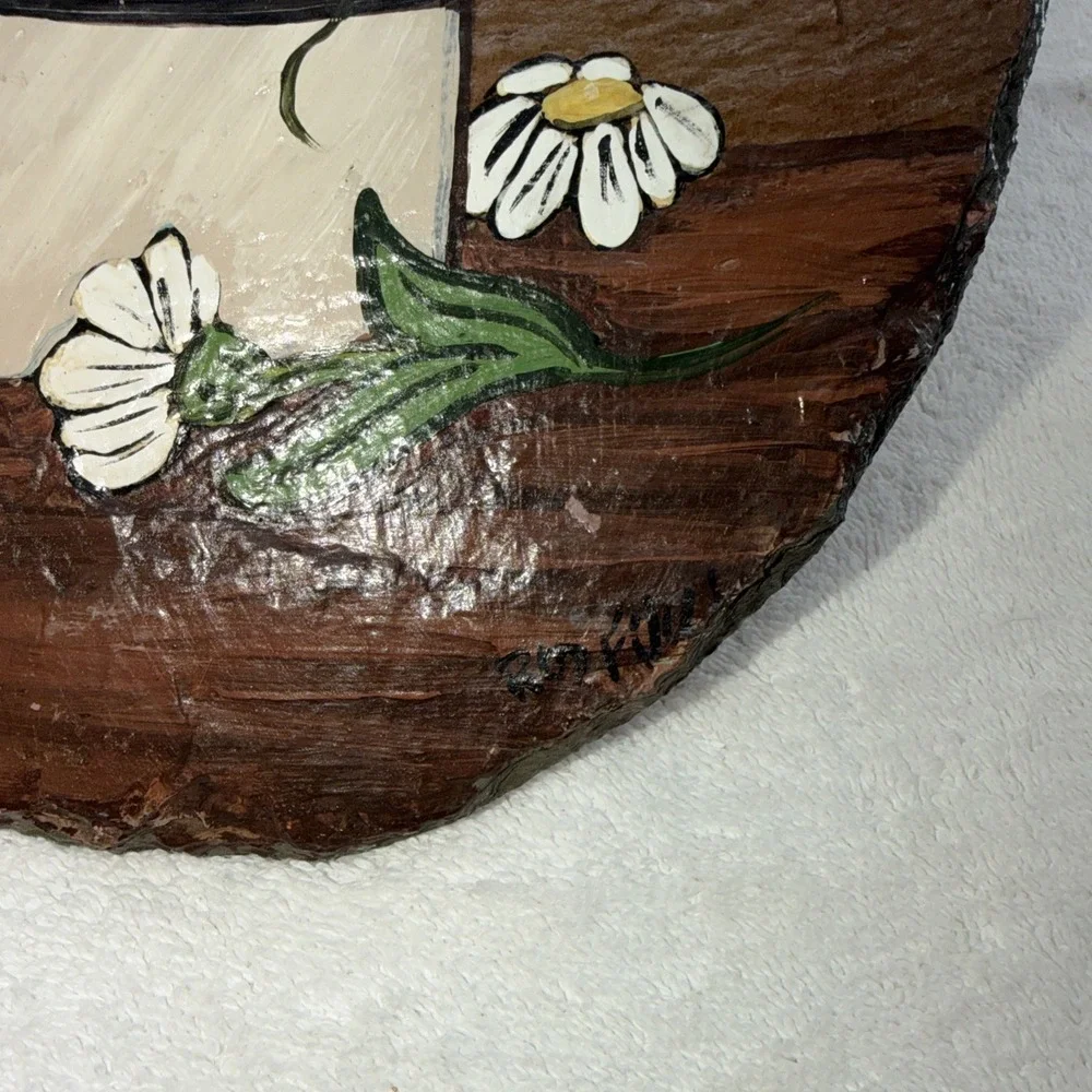 Vintage Stone Slate Welcome Hand Painted Floral Pot Painting 12